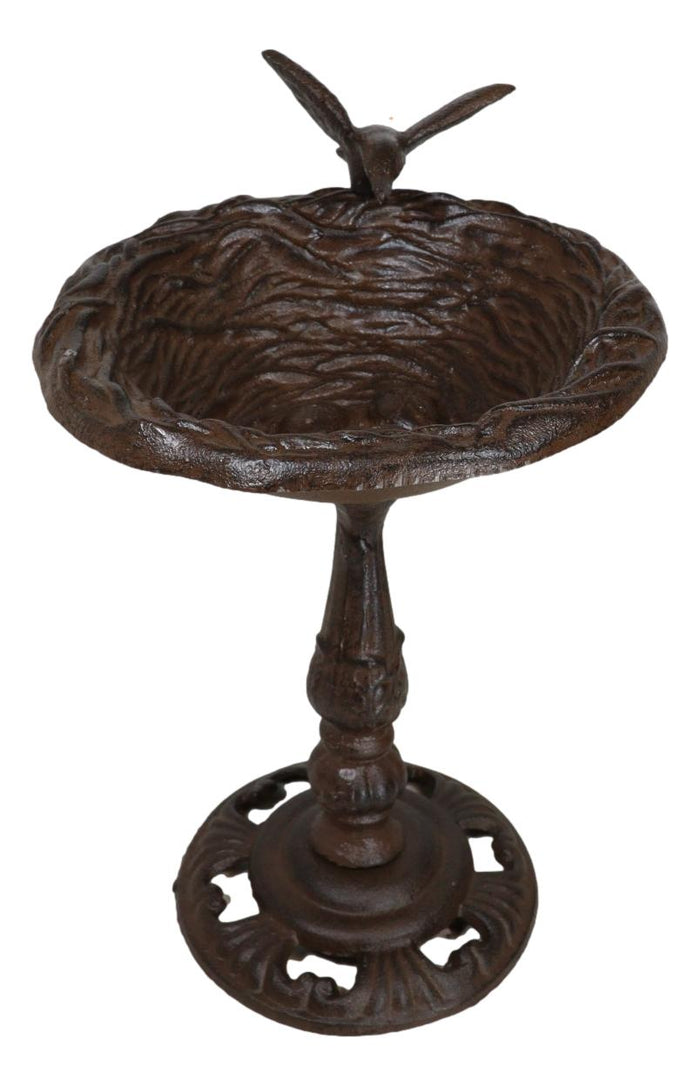 ebros gift Rustic Cast Iron Hummingbird Hovering Over Nest Garden Bird Feeder Bath 12"H