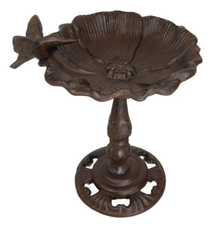 ebros gift Rustic Cast Iron Hummingbird Perching On Flower Garden Bird Feeder Bath 10.5"H