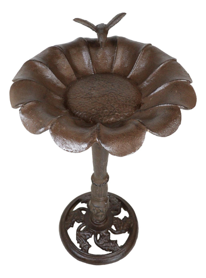 Ebros Gift Rustic Cast Iron Hummingbird Perching On Sunflower Garden Bird Feeder Bath 19"H