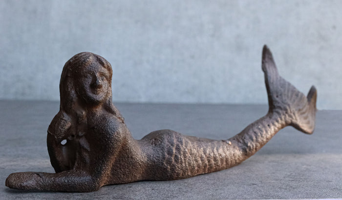 ebros gift Rustic Cast Iron Nautical Siren Mermaid with Tail Stretched Out Statue 9.5"L