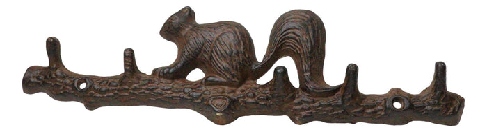Ebros Gift Rustic Cast Iron Playful Squirrel Perching On Tree Branch 4-Peg Wall Hooks Decor