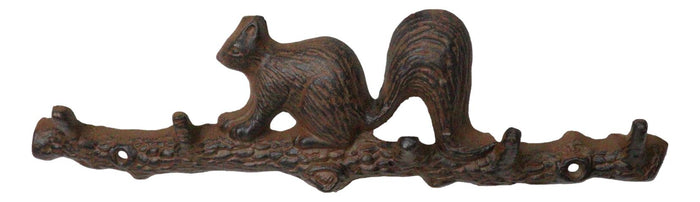 ebros gift Rustic Cast Iron Playful Squirrel Perching On Tree Branch 4-Peg Wall Hooks Decor