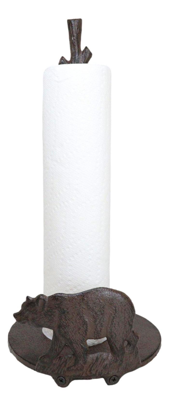 Ebros Gift Rustic Cast Iron Western Forest Black Bear Strolling Paper Towel Holder Stand