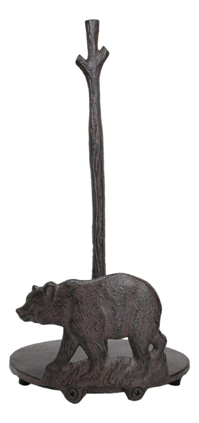 Ebros Gift Rustic Cast Iron Western Forest Black Bear Strolling Paper Towel Holder Stand