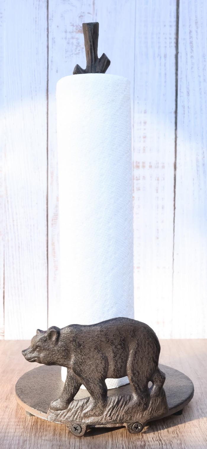 ebros gift Rustic Cast Iron Western Forest Black Bear Strolling Paper Towel Holder Stand