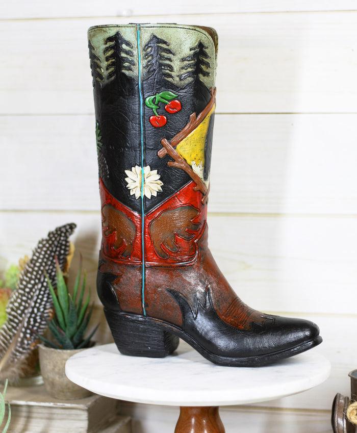 ebros gift Rustic Country Black Bear Pine Trees Cherries Cowboy Boot Vase Planter Figurine