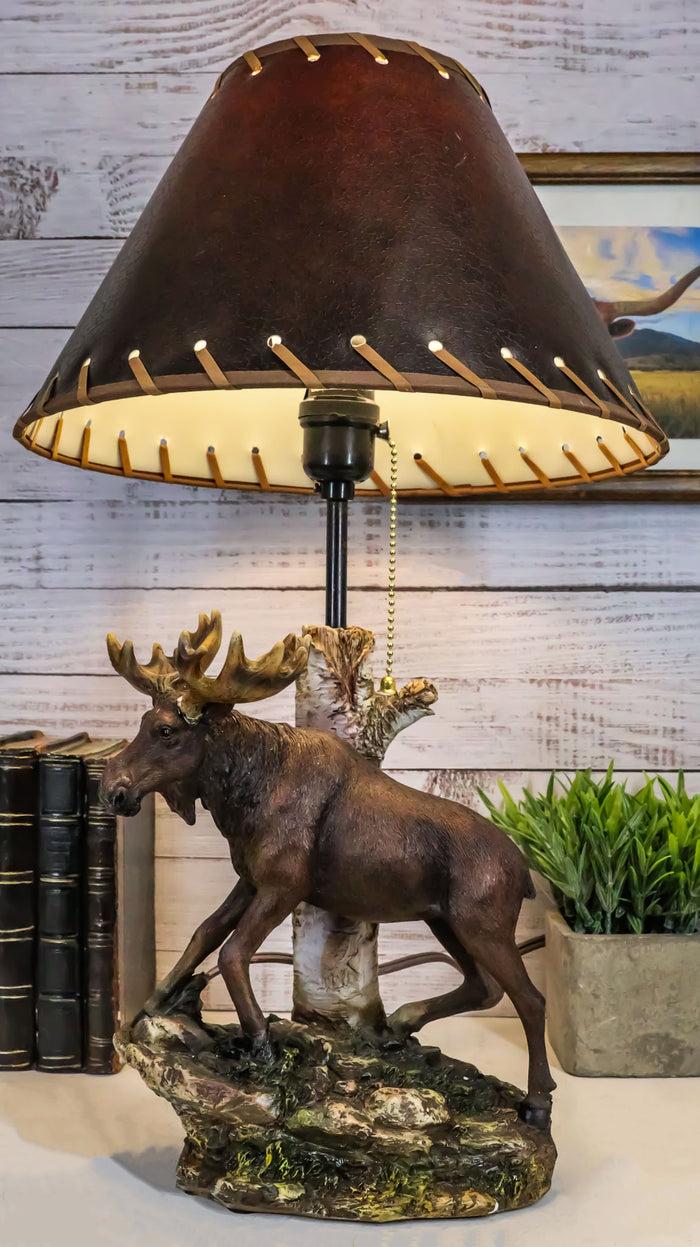 ebros gift Rustic Country Bull Moose Grand Elk By Birch Tree Desktop Table Lamp With Shade