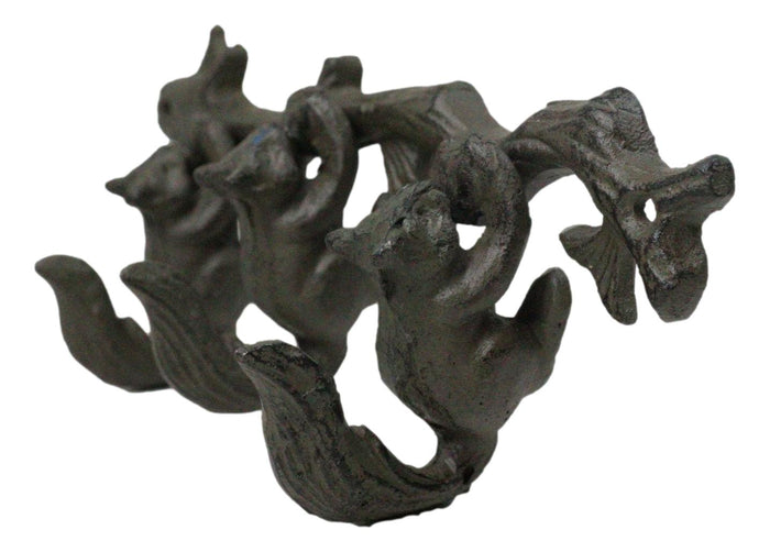 Ebros Gift Rustic Country Cast Iron Squirrel On Tree Branch 4-Peg Wall Coat Hooks 13"L