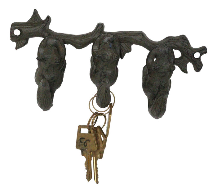 Ebros Gift Rustic Country Cast Iron Squirrel On Tree Branch 4-Peg Wall Coat Hooks 13"L