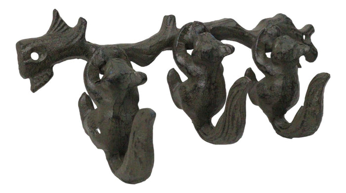 ebros gift Rustic Country Cast Iron Squirrel On Tree Branch 4-Peg Wall Coat Hooks 13"L