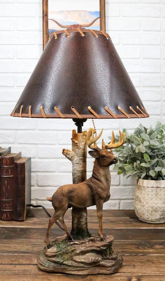 ebros gift Rustic Country Grand Elk Stag Deer By Birch Tree Desktop Table Lamp With Shade