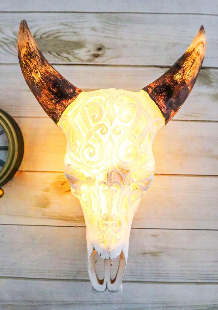 ebros gift Rustic Country Tooled Filigree Steer Bull Cow Skull LED Light Wall Decor Plaque