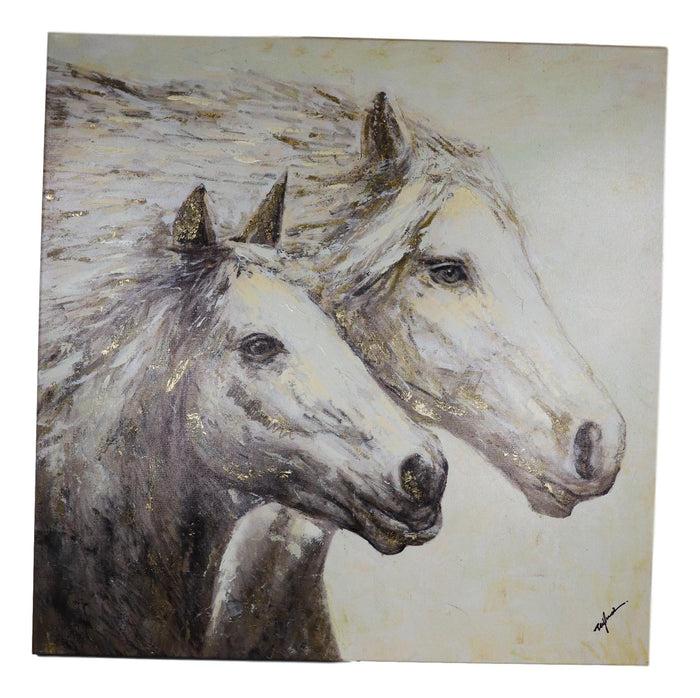 Ebros Gift Rustic Country Western 2 Running Horses Canvas Picture Wooden Frame 24"X24"