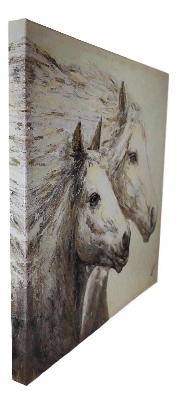 Ebros Gift Rustic Country Western 2 Running Horses Canvas Picture Wooden Frame 24"X24"