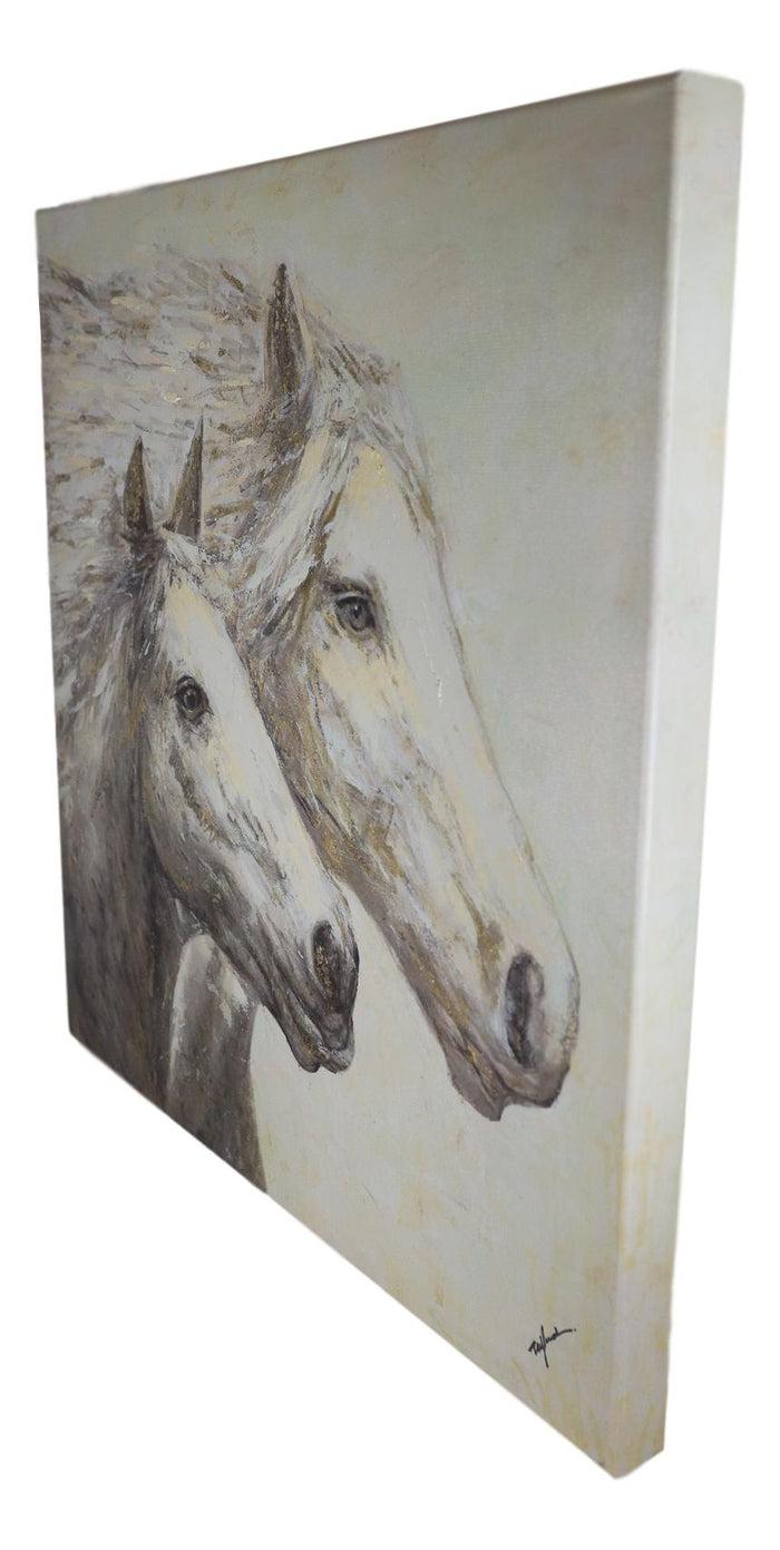 Ebros Gift Rustic Country Western 2 Running Horses Canvas Picture Wooden Frame 24"X24"
