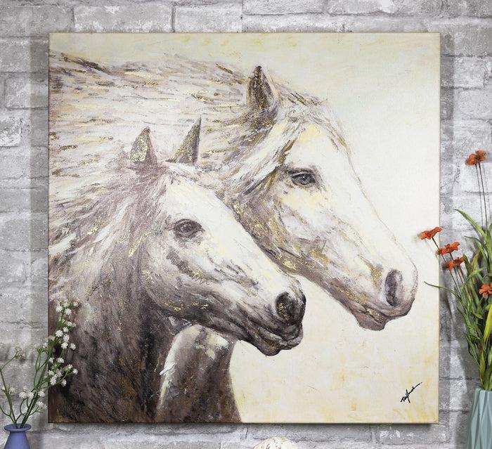 ebros gift Rustic Country Western 2 Running Horses Canvas Picture Wooden Frame 24"X24"