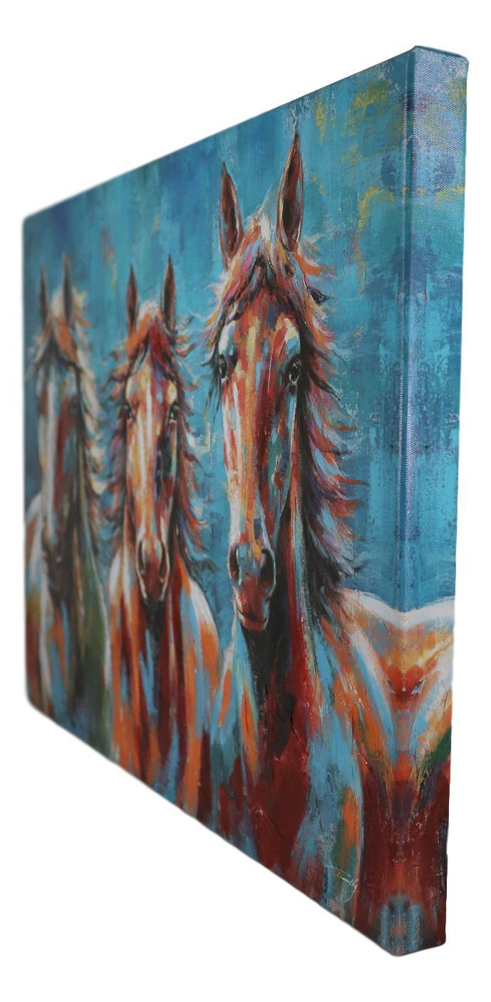 Ebros Gift Rustic Country Western Colorful 3 Horses Printed Canvas Picture Wooden Frame 24"X18"