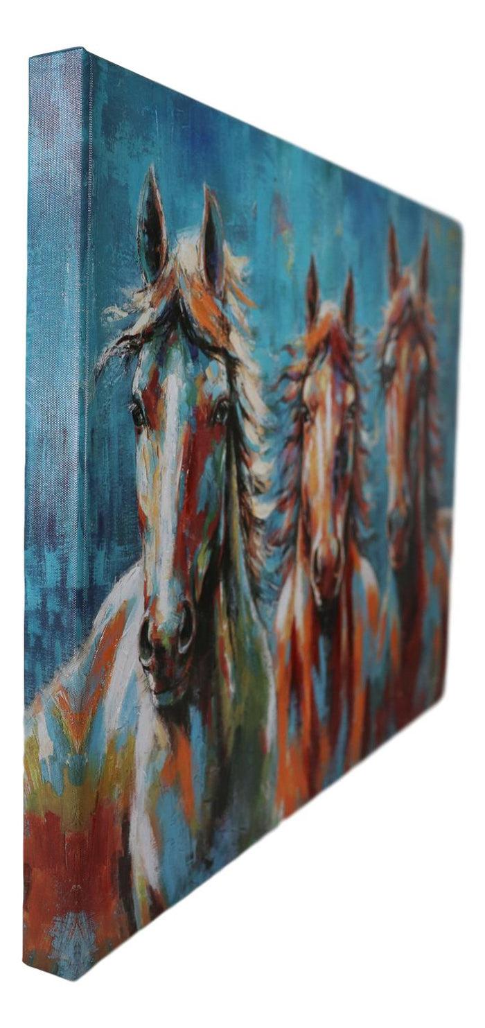 Ebros Gift Rustic Country Western Colorful 3 Horses Printed Canvas Picture Wooden Frame 24"X18"