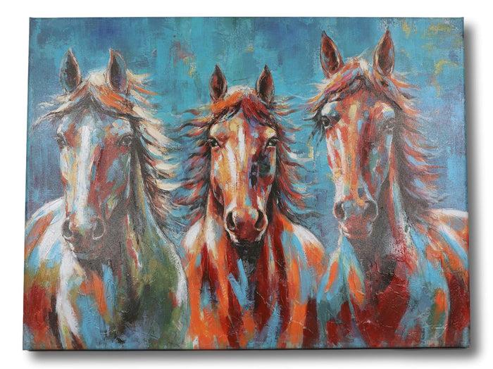 Ebros Gift Rustic Country Western Colorful 3 Horses Printed Canvas Picture Wooden Frame 24"X18"