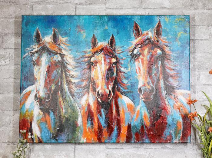 ebros gift Rustic Country Western Colorful 3 Horses Printed Canvas Picture Wooden Frame 24"X18"