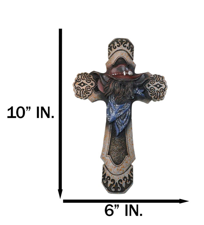 Ebros Gift Rustic Country Western Highland Cow With Cowboy Hat And Scarf Wall Cross Decor