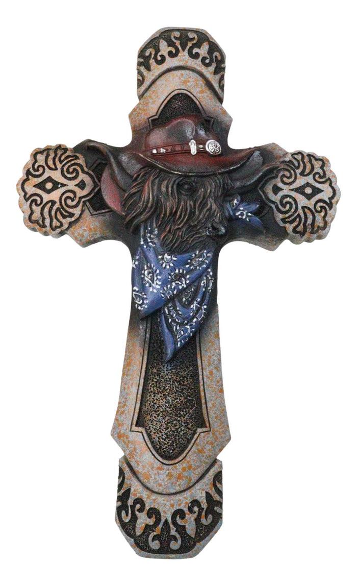 ebros gift Rustic Country Western Highland Cow with Cowboy Hat and Scarf Wall Cross Decor