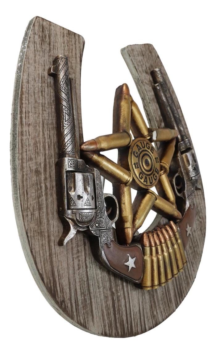 Ebros Gift Rustic Cowboy Horseshoe Western Star Dual Pistol Guns Bullet Shells Wall Decor
