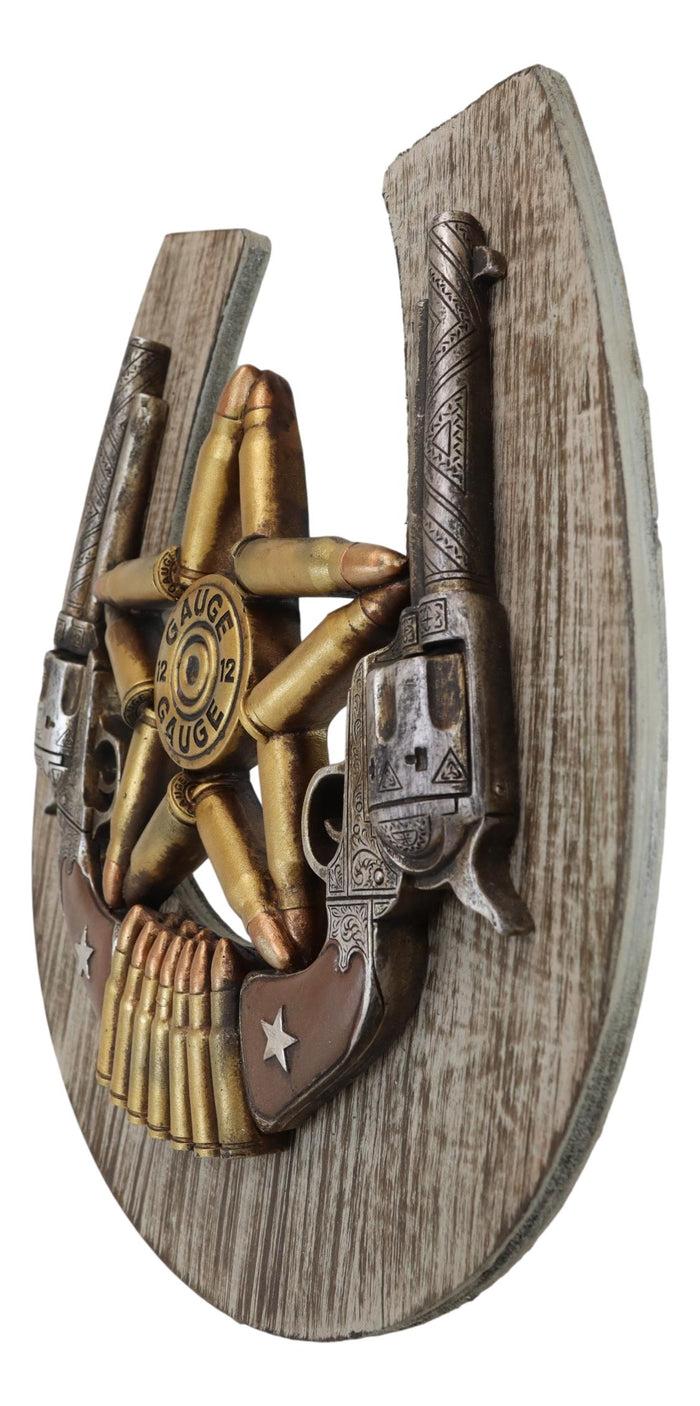 Ebros Gift Rustic Cowboy Horseshoe Western Star Dual Pistol Guns Bullet Shells Wall Decor