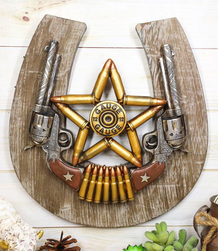 ebros gift Rustic Cowboy Horseshoe Western Star Dual Pistol Guns Bullet Shells Wall Decor