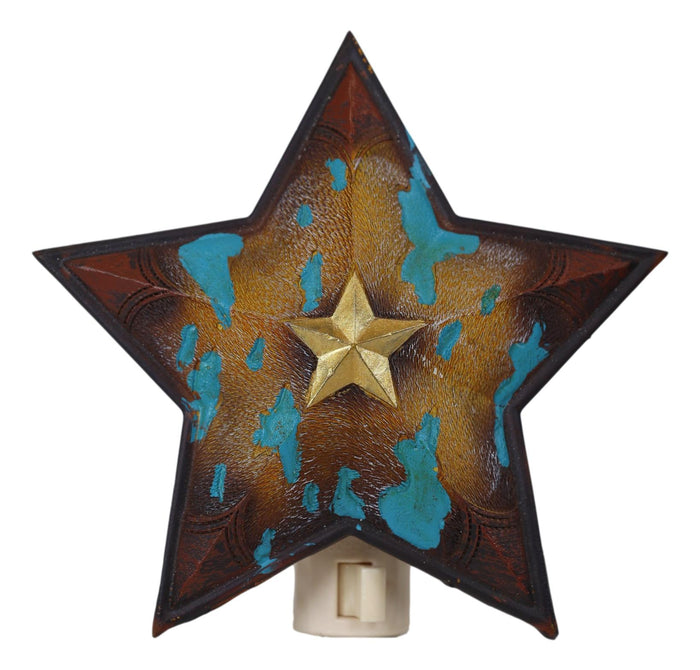 Ebros Gift Rustic Cowboy Western Star Turquoise Cowskin Print Wall Plug In LED Night Light
