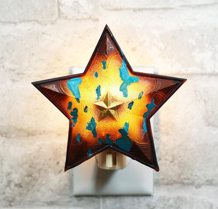 ebros gift Rustic Cowboy Western Star Turquoise Cowskin Print Wall Plug In LED Night Light