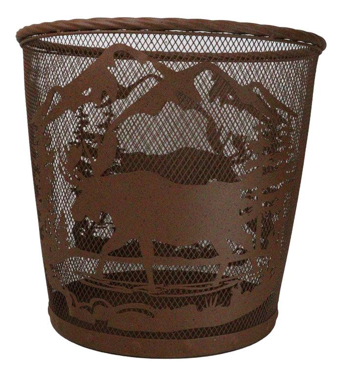 ebros gift Rustic Deer Moose By Pine Forest Mountains Metal Wire Waste Basket Trash Bin