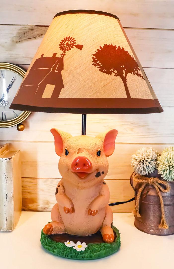 ebros gift Rustic Farm Country Pink Babe Piglet Muddy Pig Desktop Table Lamp With Shade