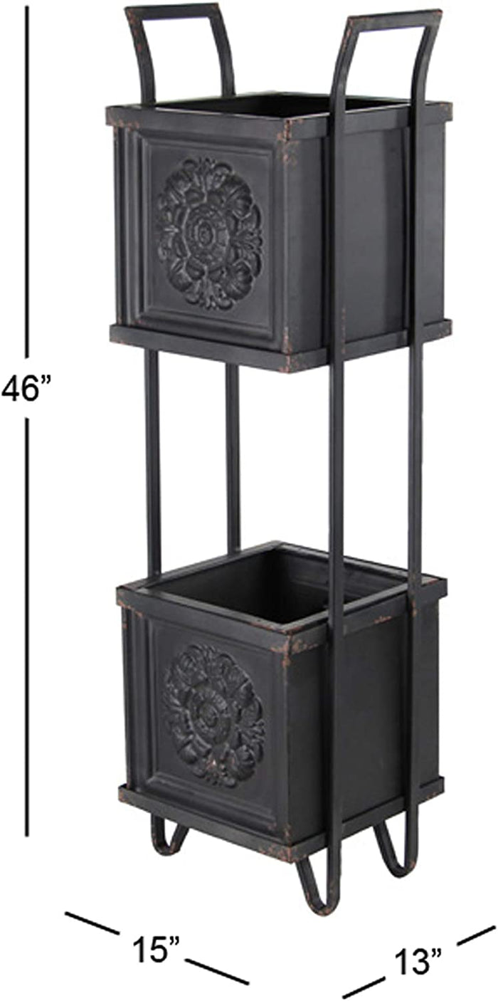 Ebros Gift Rustic Farmhouse 2 Tiered Black Metal Box Planters With French Floral Design