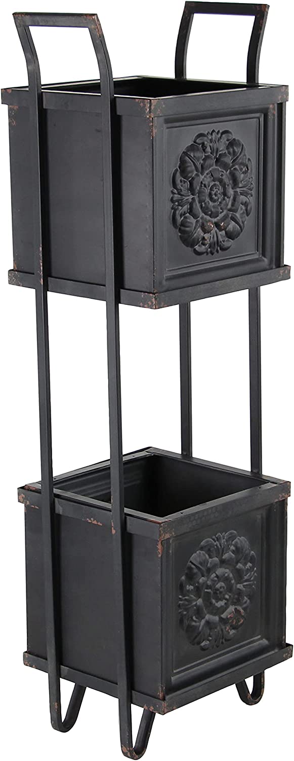 Ebros Gift Rustic Farmhouse 2 Tiered Black Metal Box Planters With French Floral Design