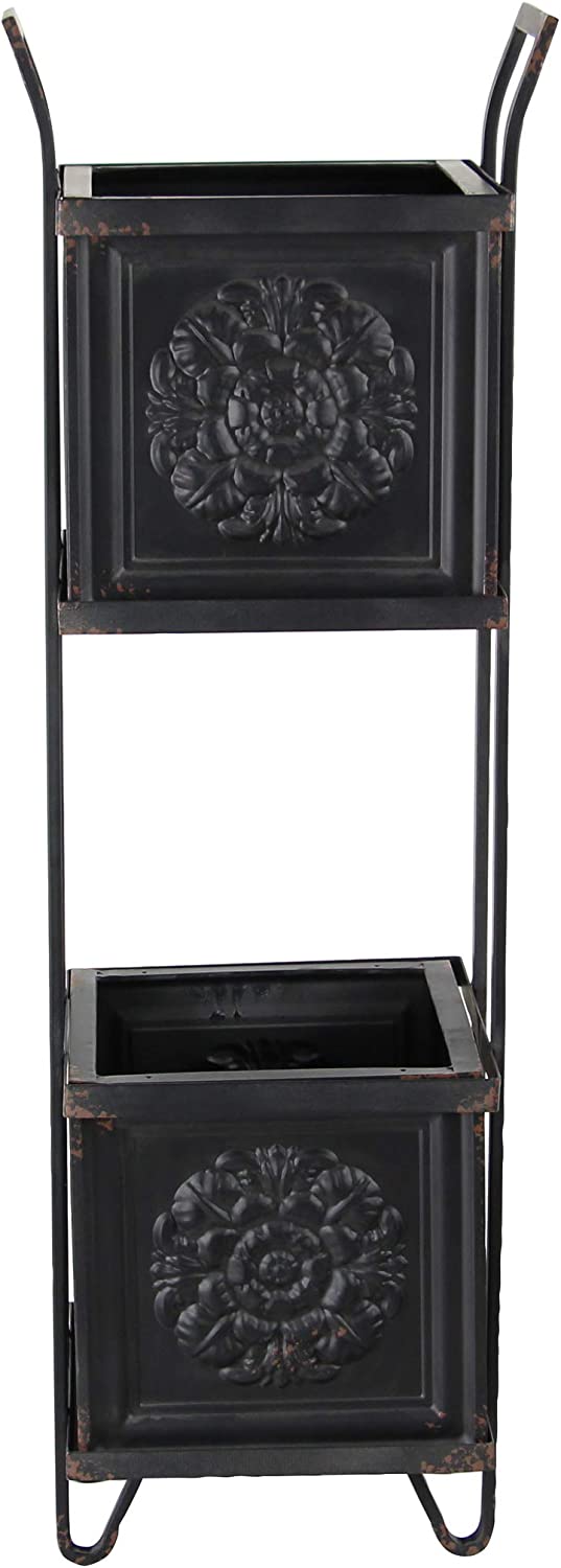 Ebros Gift Rustic Farmhouse 2 Tiered Black Metal Box Planters With French Floral Design