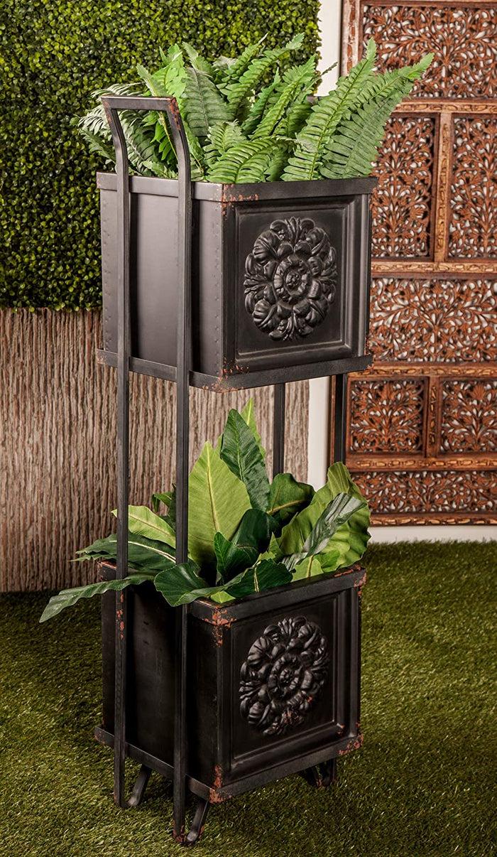 ebros gift Rustic Farmhouse 2 Tiered Black Metal Box Planters With French Floral Design