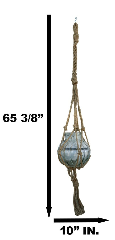 Ebros Gift Rustic Farmhouse Woven Jute Rope Macrame Style Hanging Molten Glass Candleholder