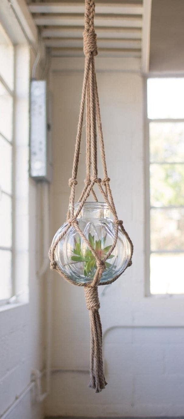 ebros gift Rustic Farmhouse Woven Jute Rope Macrame Style Hanging Molten Glass Candleholder