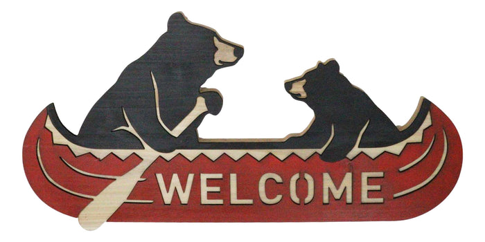 ebros gift Rustic Father Bear With Cub Rowing Red Canoe Boat Welcome MDF Wall Decor Plaque