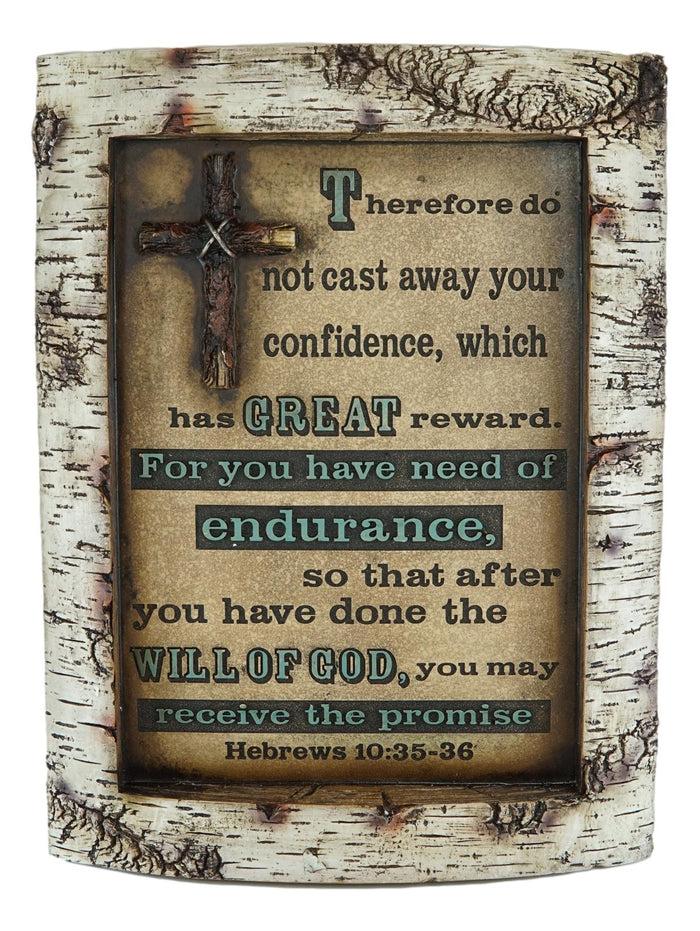 Ebros Gift Rustic Faux Birchwood Log Cross Herbrews 10:35 Bible Verse Wall Decor Plaque