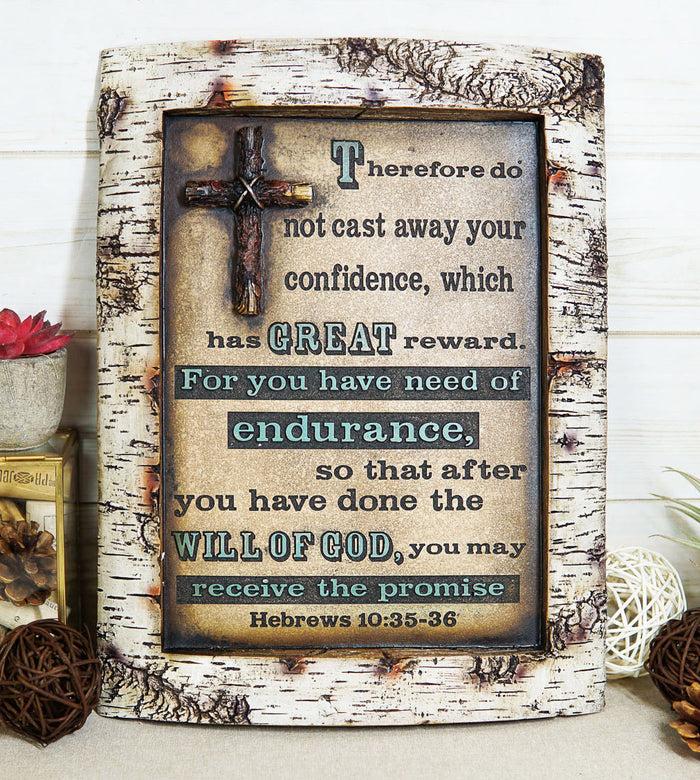 ebros gift Rustic Faux Birchwood Log Cross Herbrews 10:35 Bible Verse Wall Decor Plaque