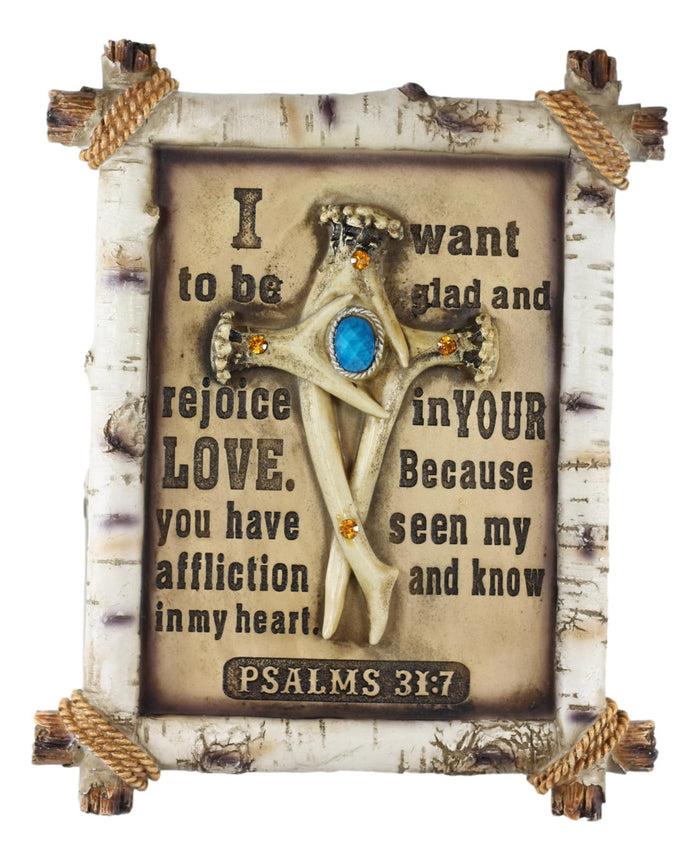 Ebros Gift Rustic Faux Birchwood Turquoise Deer Antlers Cross Bible Verse Wall Decor Plaque