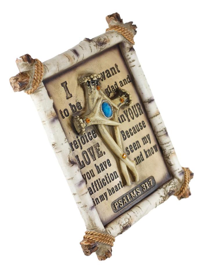 Ebros Gift Rustic Faux Birchwood Turquoise Deer Antlers Cross Bible Verse Wall Decor Plaque