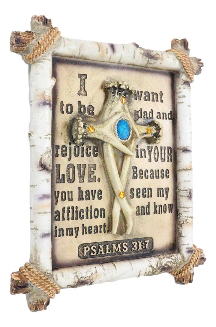 Ebros Gift Rustic Faux Birchwood Turquoise Deer Antlers Cross Bible Verse Wall Decor Plaque