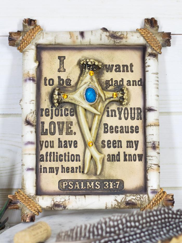 ebros gift Rustic Faux Birchwood Turquoise Deer Antlers Cross Bible Verse Wall Decor Plaque