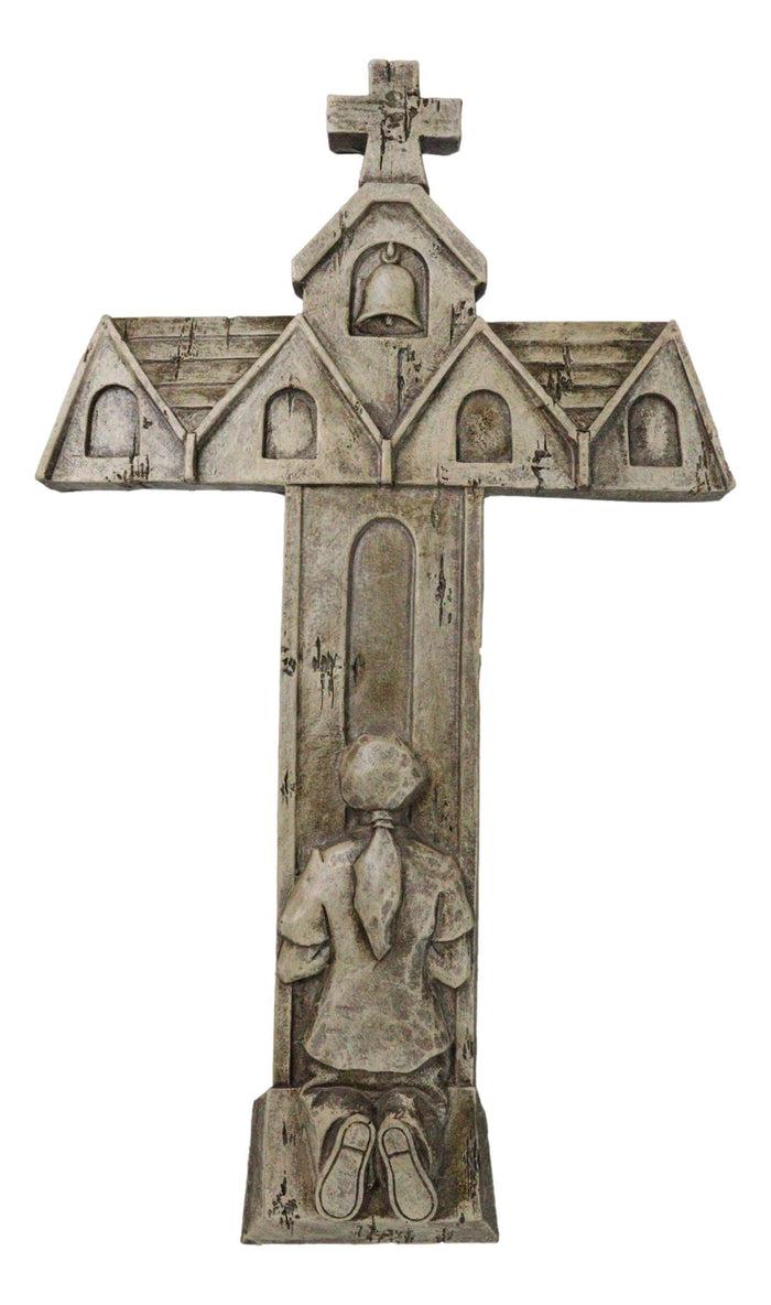 ebros gift Rustic Faux Stone Church House of Prayer Kneeling Girl Confirmation Wall Cross