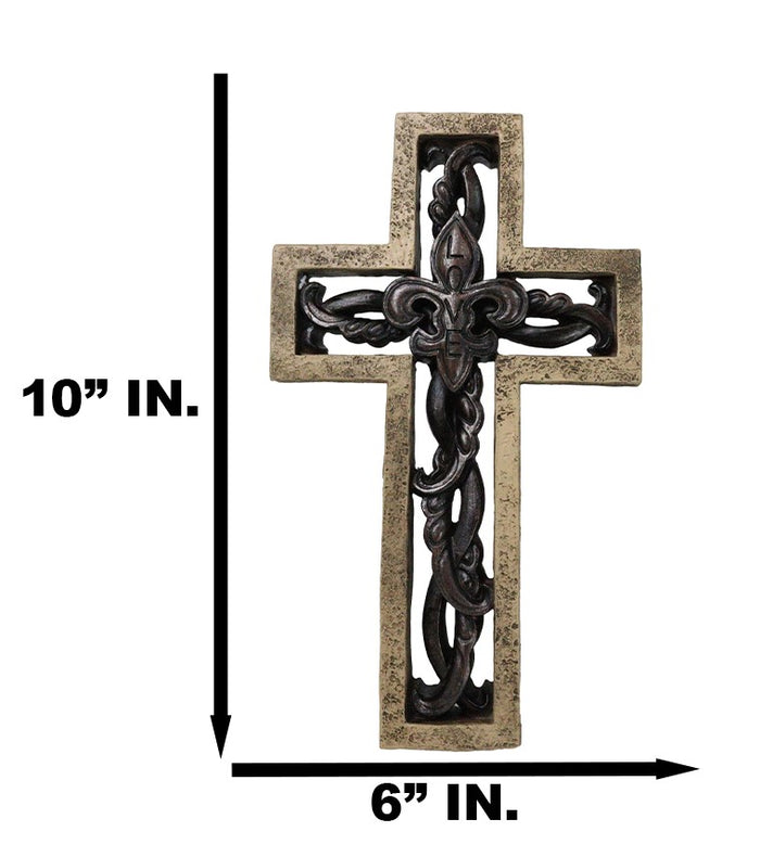Ebros Gift Rustic Faux Stone Fleur De Lis French Lily Scrollwork Tuscany Wall Cross