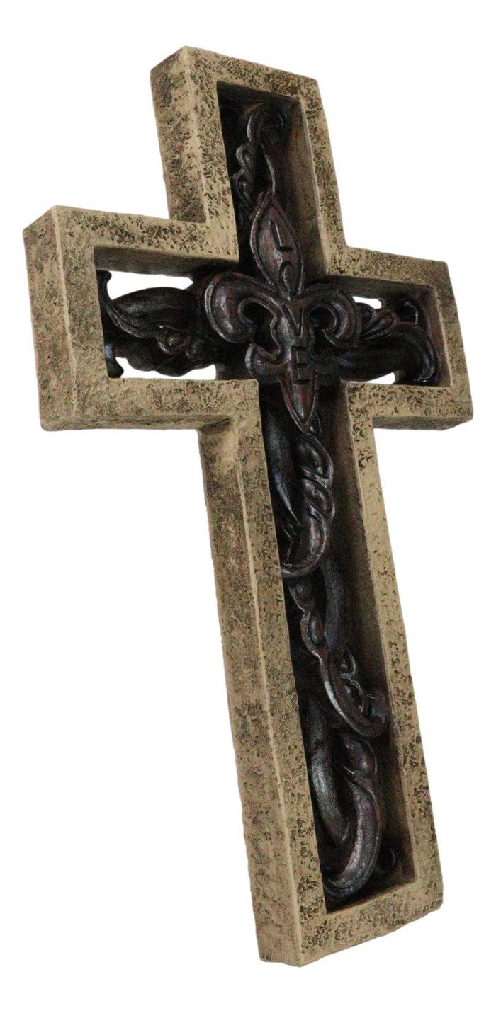 Ebros Gift Rustic Faux Stone Fleur De Lis French Lily Scrollwork Tuscany Wall Cross