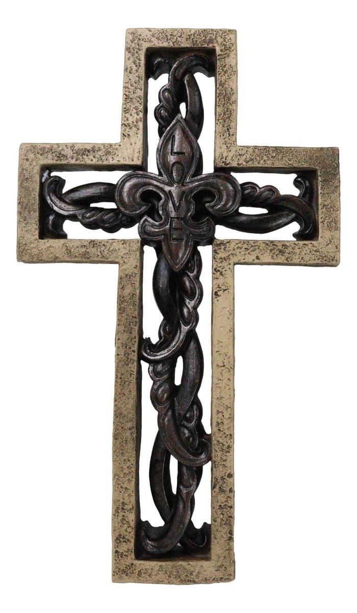 ebros gift Rustic Faux Stone Fleur De Lis French Lily Scrollwork Tuscany Wall Cross